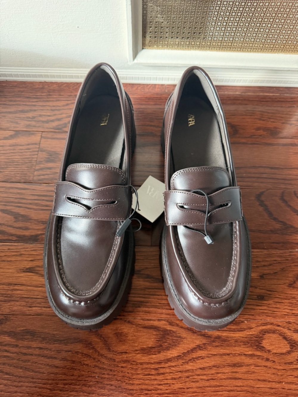 ZARA Women's Dark Burgundy Leather Penny Loafers